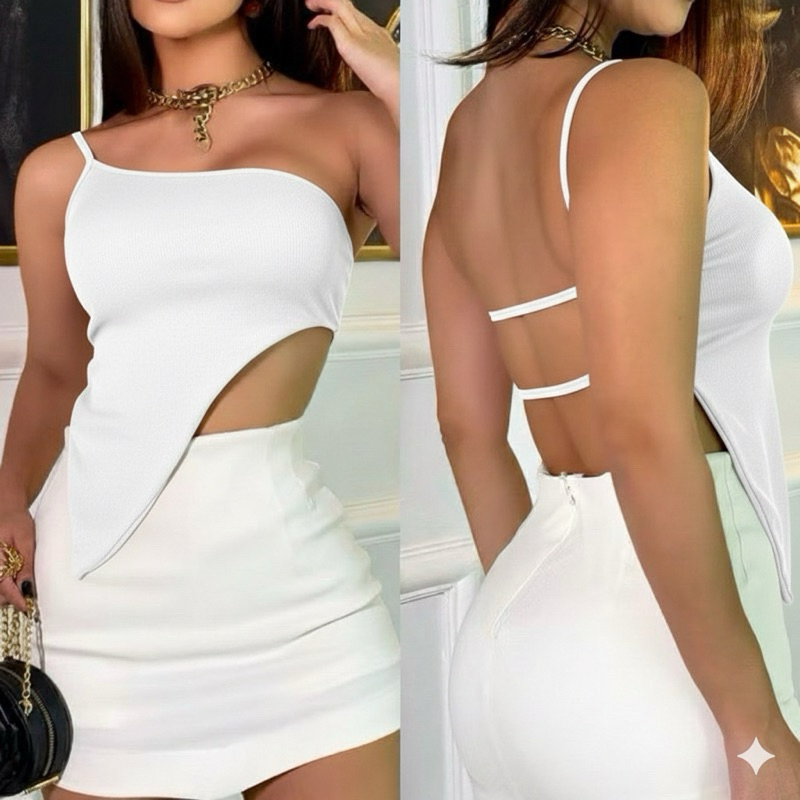 Blusa cropped LILIAN ombro só feminina assimétrica forrada canelado tendência blogueira Verão Carnaval