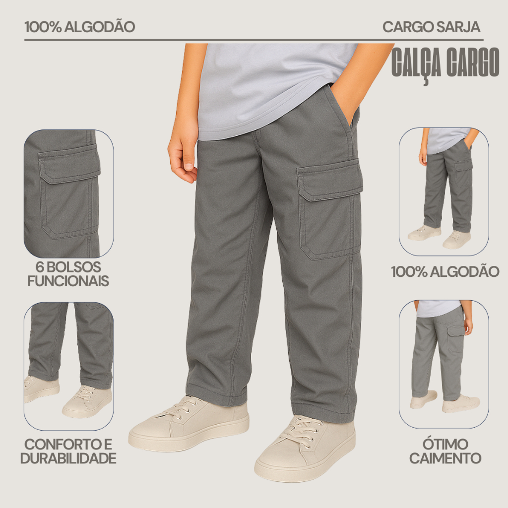 Calça Cargo Infantil Masculina Menino Sarja Confortável Escolar Casual Streetwear Tamanhos 10 ao 16