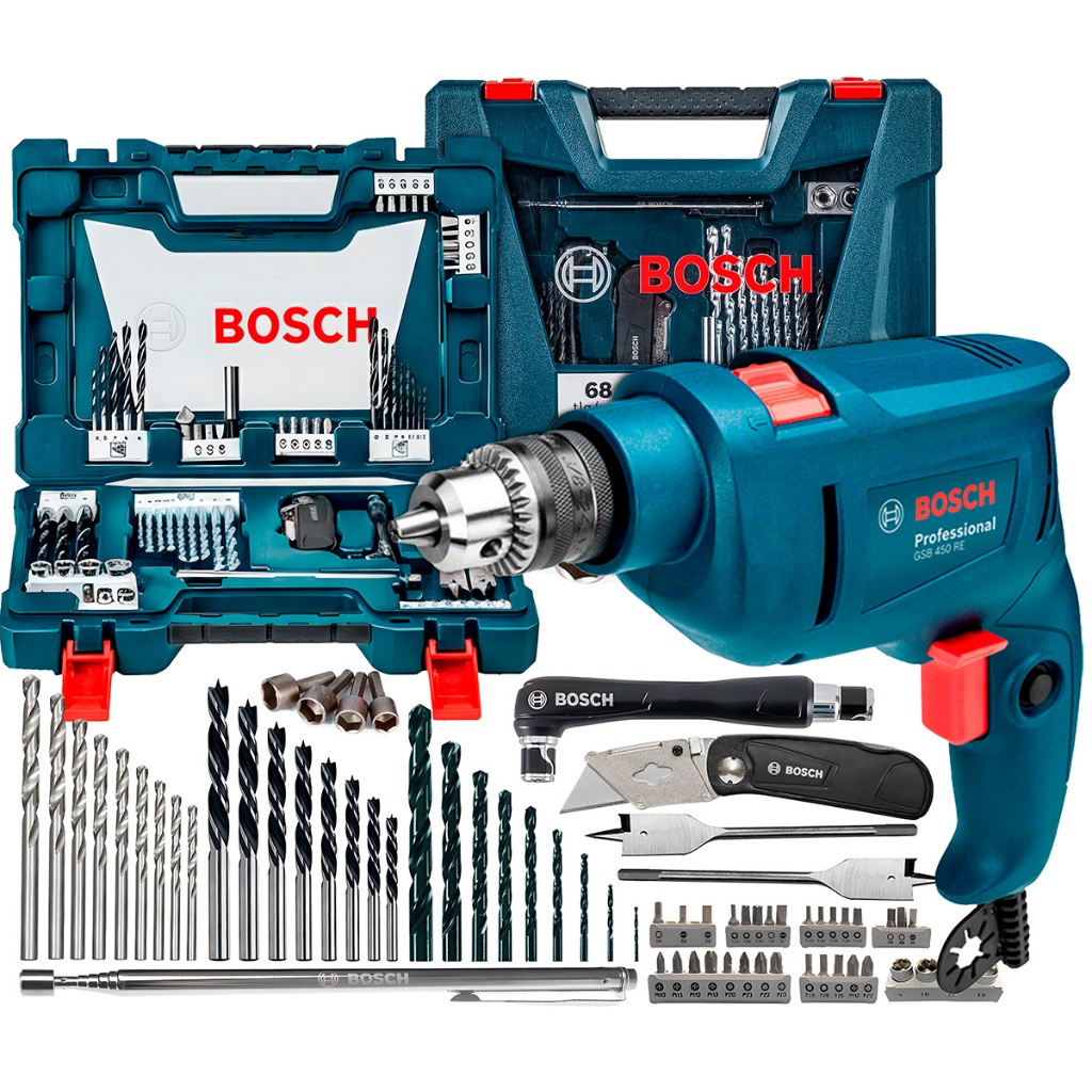 Kit Furadeira Industrial Impacto 450w Gsb 450re Bosch + Kit Jogo De 68 Peças em Oferta na Shopee