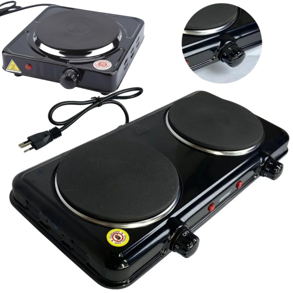 Fogareiro Chapa Elétrico 2 e 1 Boca Cooktop Portátil Camping Pesca Controle Temperatura 127v 220v