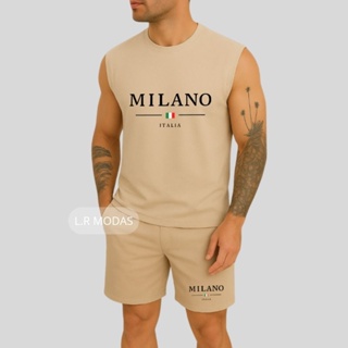 Conjunto Regata Machão Milano Italia Camisa Masculina Camiseta Algodão Bermuda Moletom com Bolso Estampado em Oferta na Shopee