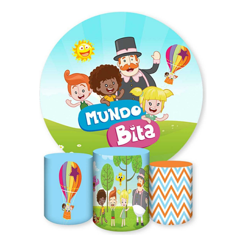 Kit Capa Painel Redondo + Trios de Cilindros Sublimado Malha New Festa Aniversário Mundo Bta Kids em Oferta na Shopee