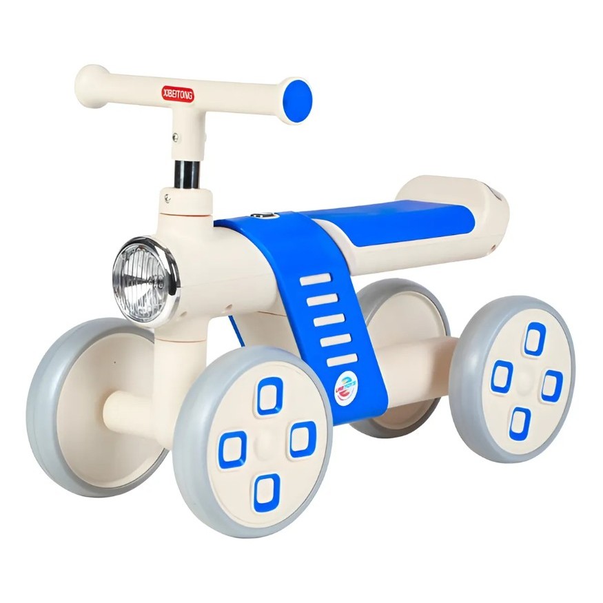 Mini bicicleta infantil de equilíbrio com 4 rodas, farol e cor azul, segura e divertida, ideal para estimular coordenaçã