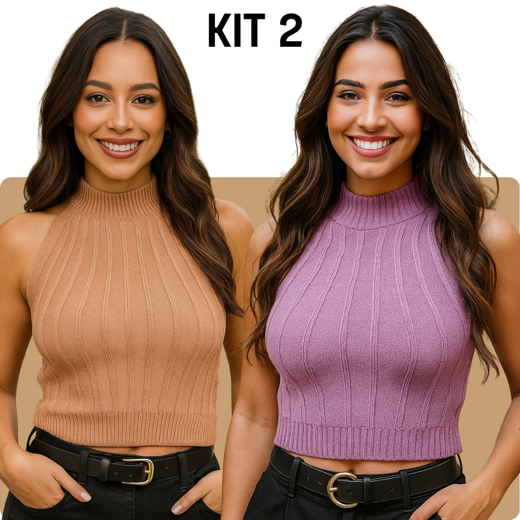 Kit 2 Top Cropped Tricot Modal Regata Texturizada Gola Alta Justo Casual Dia a Dia Feminina