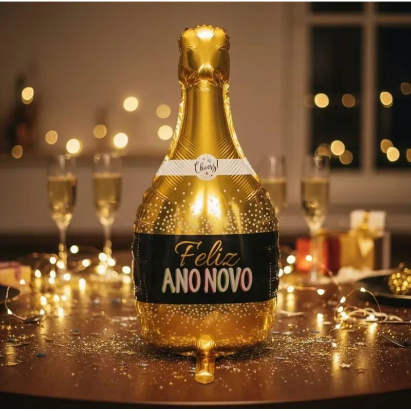 BALÃO GARRAFA DE CHAMPANHE | TAM.: 93x47CM | FELIZ ANO NOVO | 2026 | DECORAÇÃO | FESTA | FELIZ NATAL | PAPAI NOEL