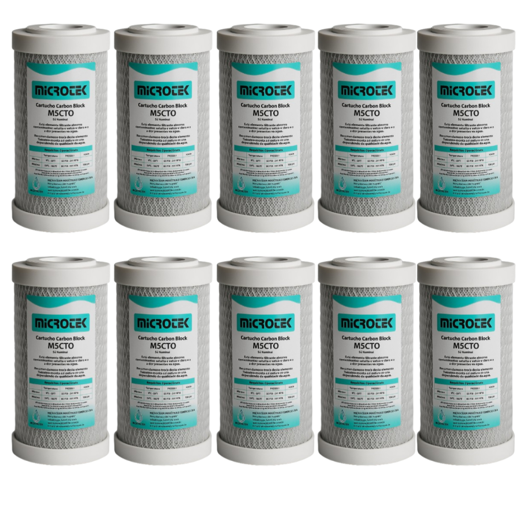 Kit 10 Refil Carbon Block 5'' Pia Cozinha Chuveiro Retira Cloro e Odor da Água Microtek