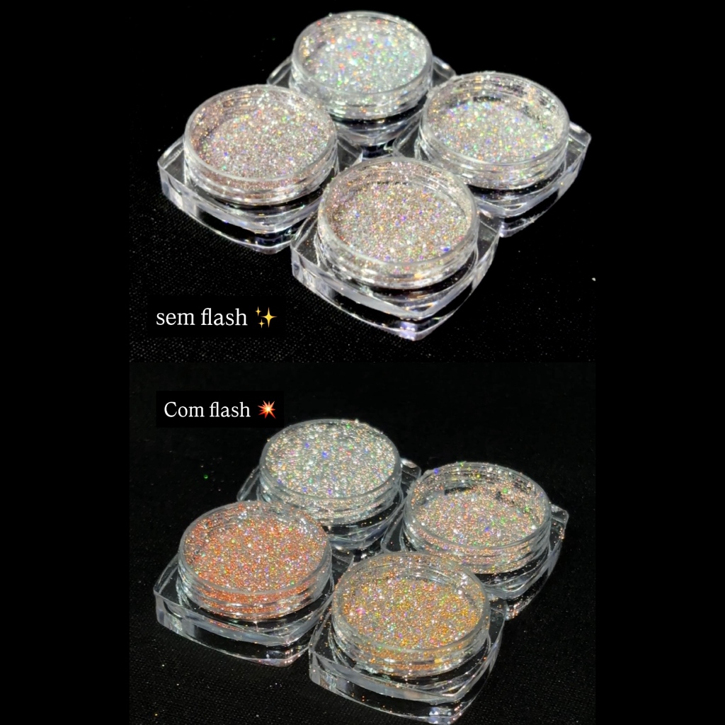 Kit c/4/6/12Glitter Refletivo Holográfico  Glitter Pó De Unhas Flash Prata Diamante Cristal Nail art