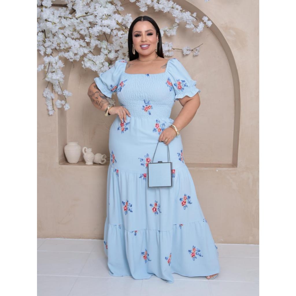 Vestido Moda Evangélica Plus Size Longo Femenino Gola Aberta  com elastex no corpo Estampa Bordado Floral Tecido Duna