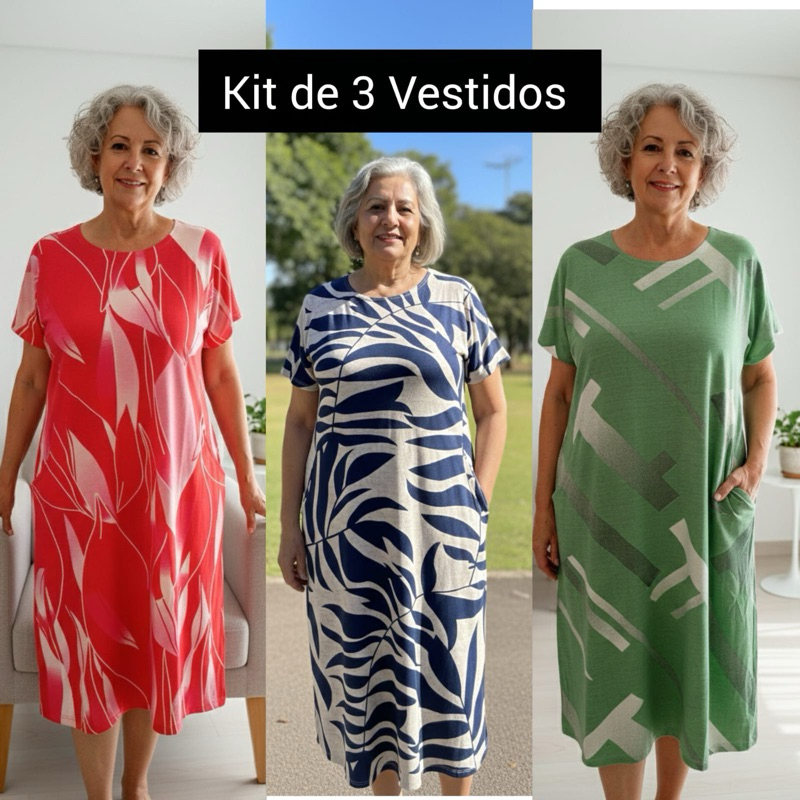 KIT COM 3VESTIDOS MALHA VISCOLYCRA PREMIUM ESTAMPAS SORTIDAS 46/48