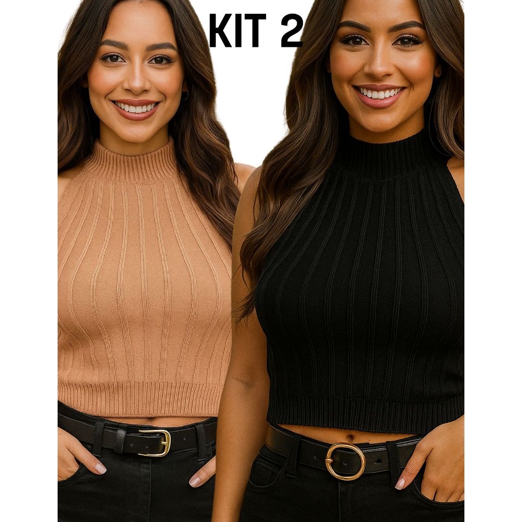 Kit 2 Blusa Cropped Tricot Modal Gola Alta Canelado Largo Moda Blogueira Confortável Feminino