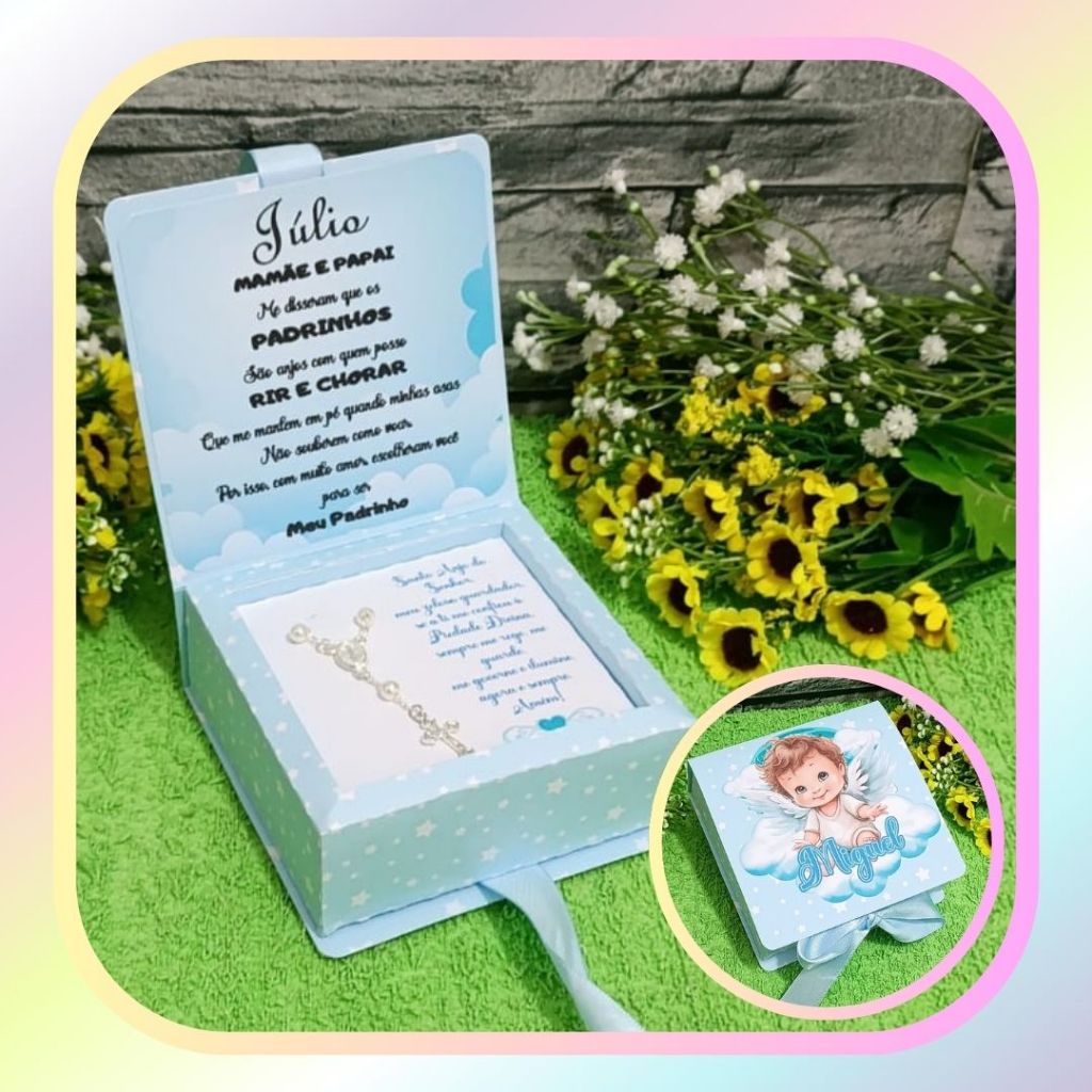 02 Caixas Convite com Mini Terço Anjinho Padrinhos de Apresentação Evangélica, Batismo, Consagração e Toalha