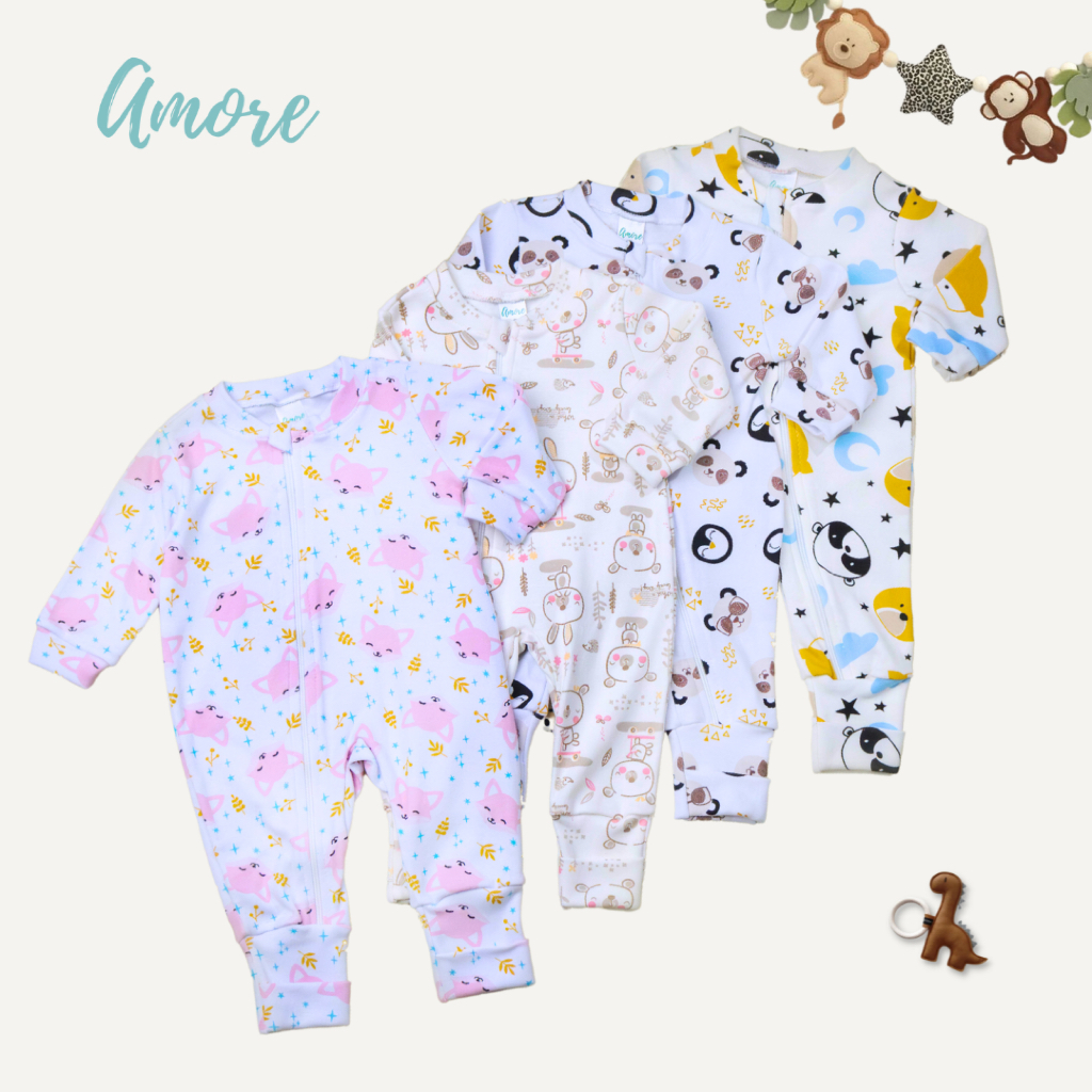 Roupa Bebê Macacão Amore Vira Pé Estampado com Zíper Menina Menino Confortável 100% Algodão