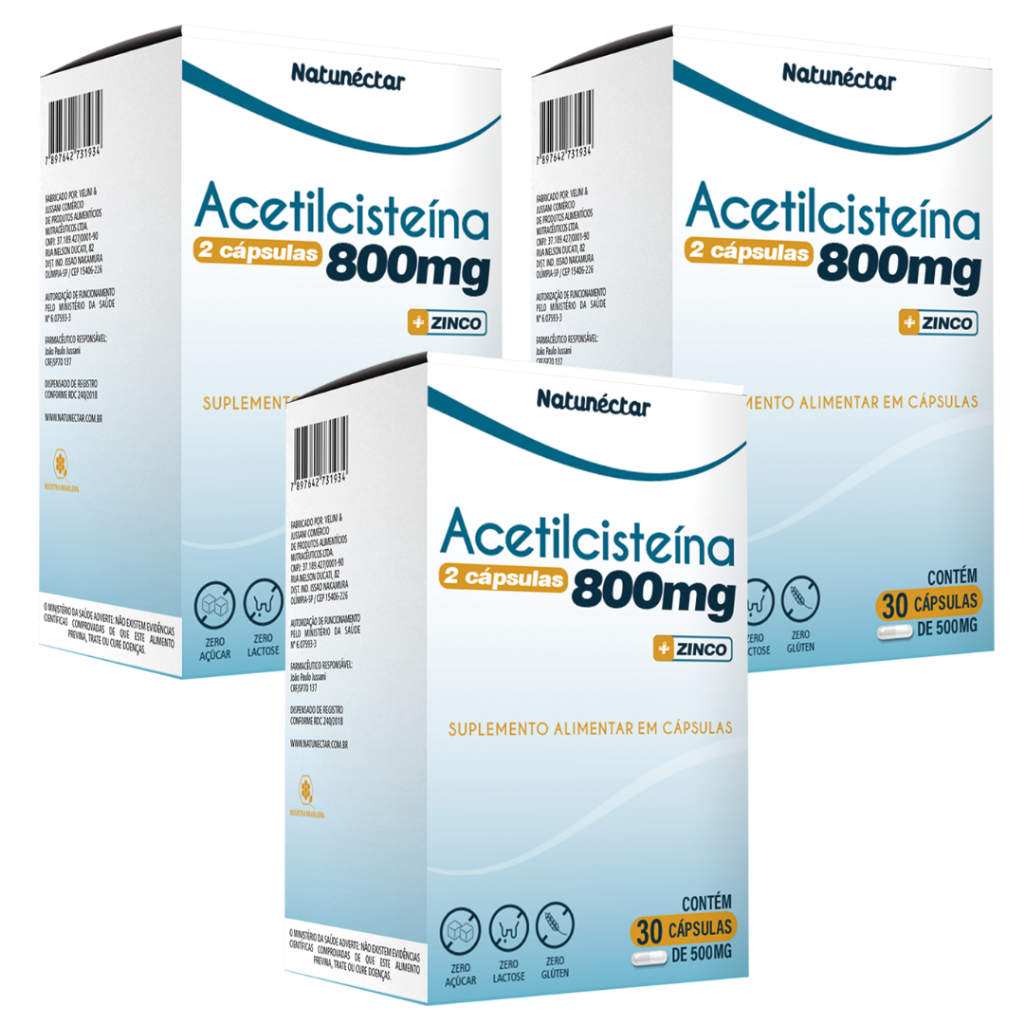 KIT 3 Acetilcisteína 800mg + Vitaminas C, D3 e Zinco 30 Cápsulas - Natunectar