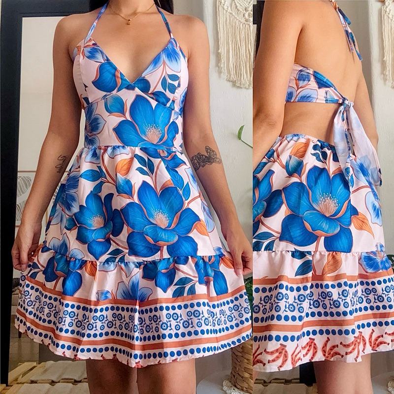 Vestido Estampado Costas Abertas Decotado Flores Moda Feminino Verão 2026 Praia Tropical Carnaval em Oferta na Shopee