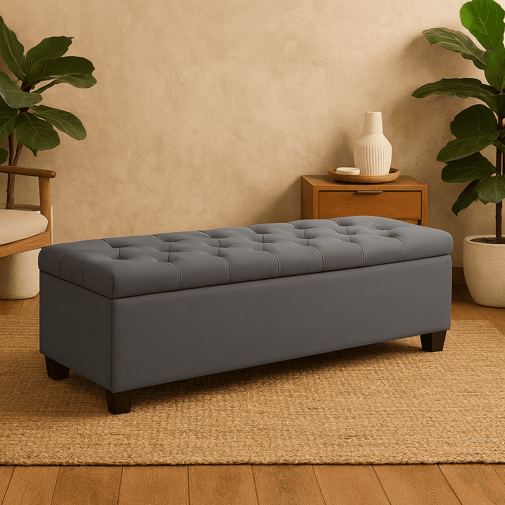 Puff Baú Recamier Cinza Captno e Pés de Madeira Recamier Bau 120cm Organizador Para Seu Quarto