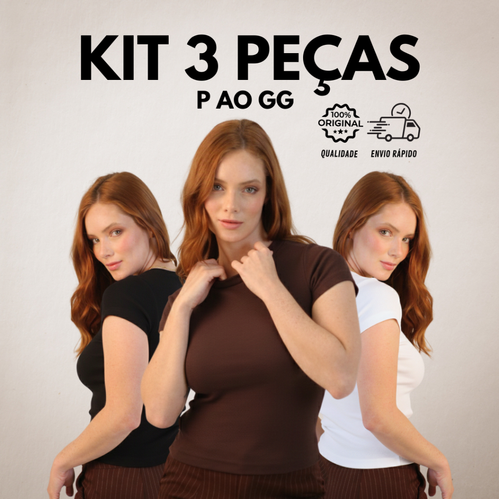 Kit 3 Blusas Canelada Ribana - Manga Curta - Algodão com Elastano - Camiseta Basica Dia a Dia