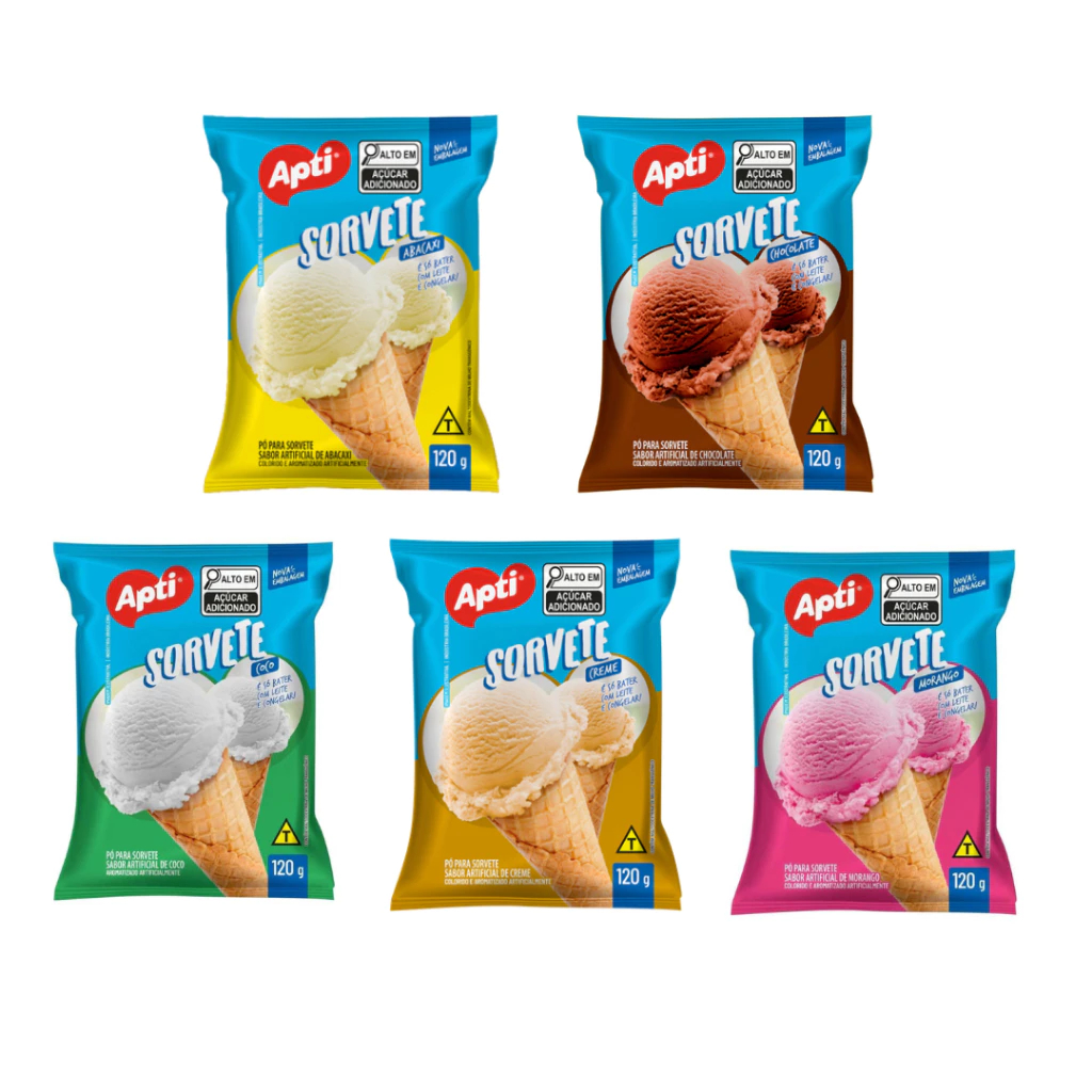 Kit 5  Pó Sorvete Apti 120g – Abacaxi, Chocolate, Coco, Creme e Morango em Oferta na Shopee
