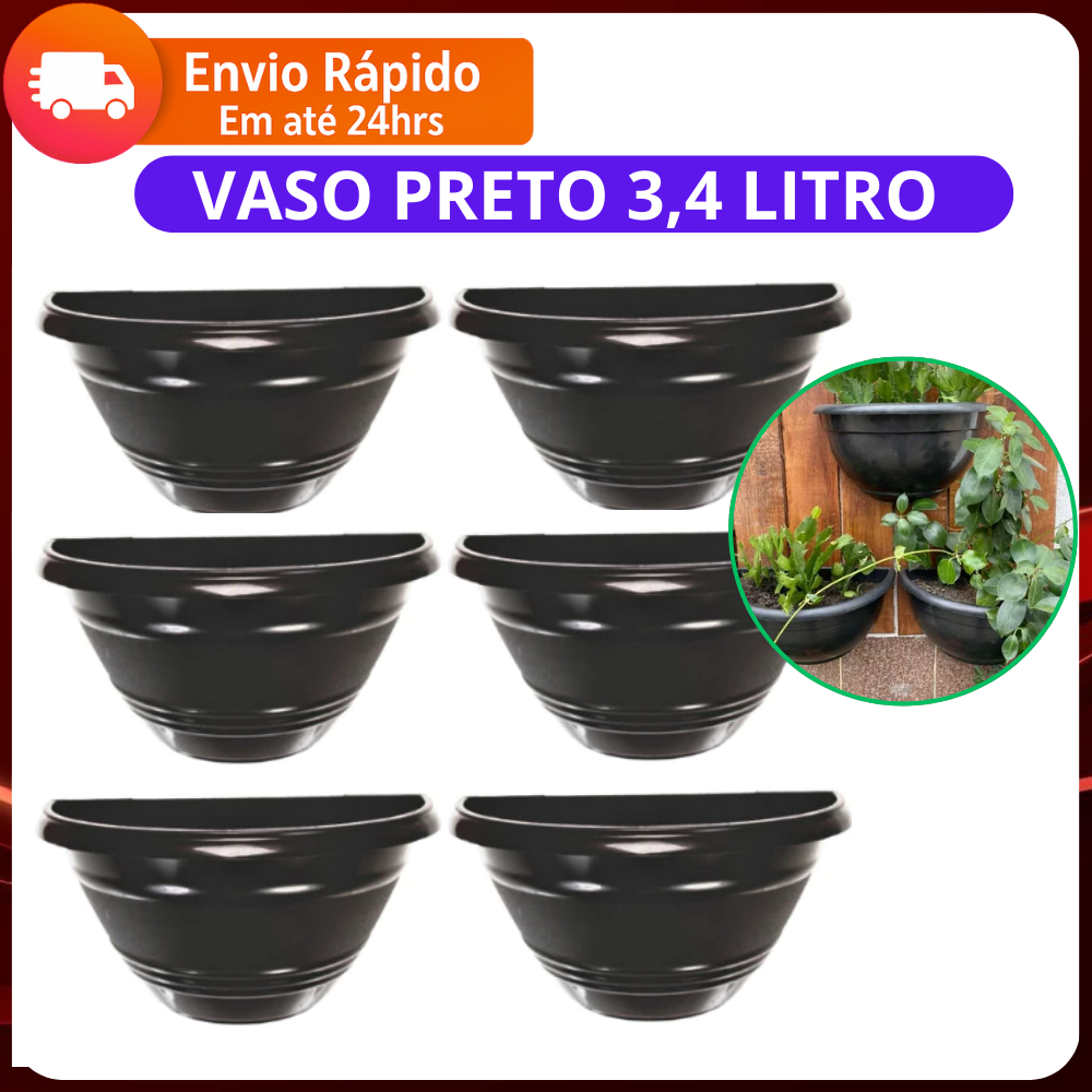 Kit 10 Vaso de Parede Meia Lua 3,4L Grande Preto de Plastico Flores e Plantas Resistente em Oferta na Shopee