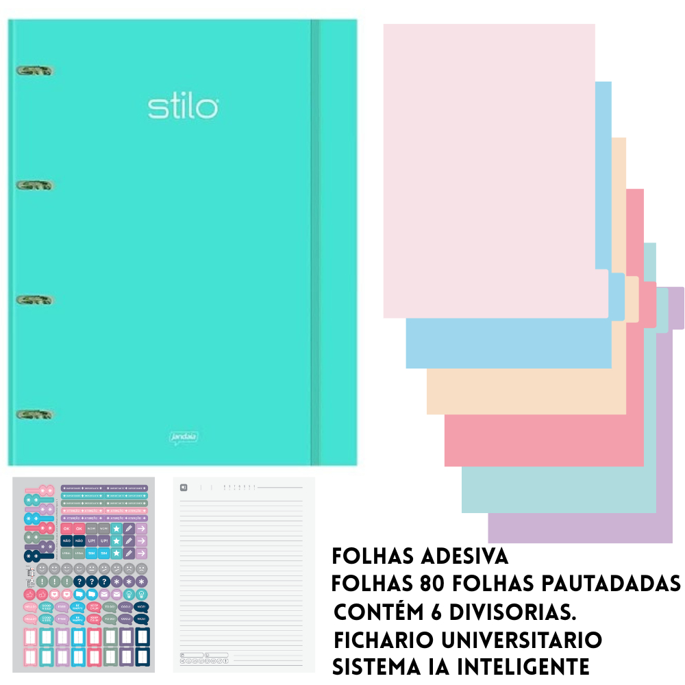 Fichário Universitário Argolado 80 Fls Stilo JANDAIA Material Escolar Fichário Universitário Caderno Argolado