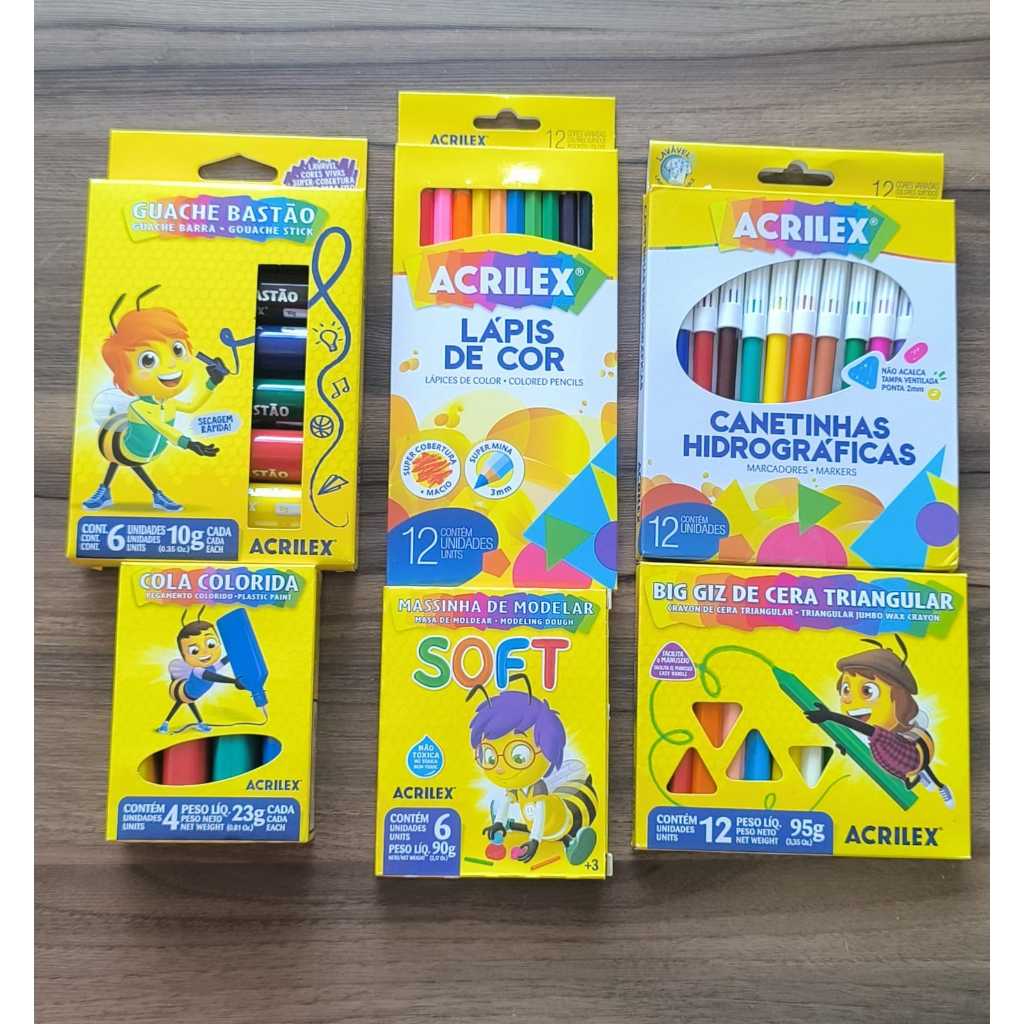 Kit Escolar Acrilex Abelhinhas Lápis de Cor Canetinha Guache em Bastão Giz de Cera Cola Colorida e Massinha 6 Itens