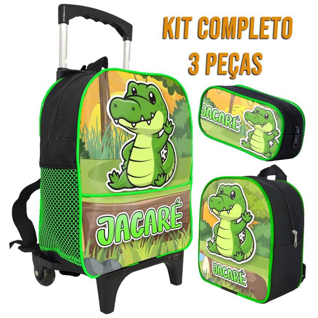 Kit Escolar Menino Infantil Estampa Jacaré Mochila de Rodinha , Estojo Simples 1 Ziper e Lancheira Térmica em Oferta na Shopee