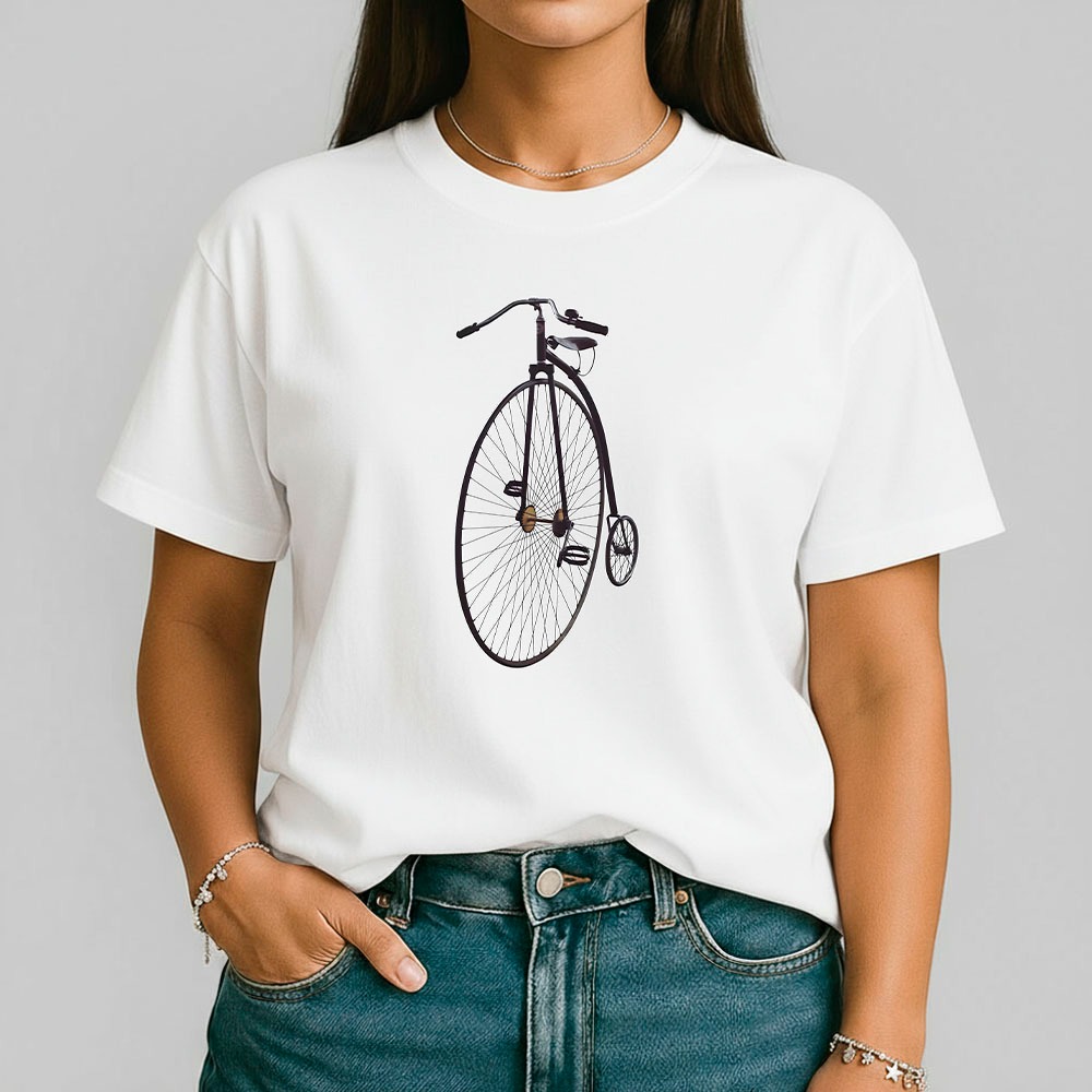 Camiseta Feminina 100% Algodão Bicicleta Antiga Vintage Roda Grande Camisa Casual Dia A Dia
