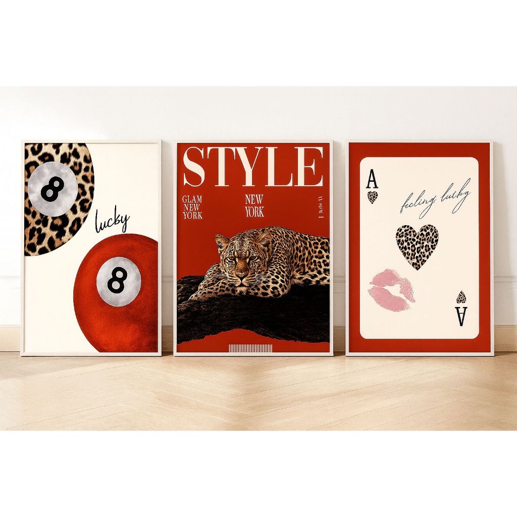 kit Quadro decorativo 3 peças style onça vermelho carta ideal para quarto e sala em Oferta na Shopee