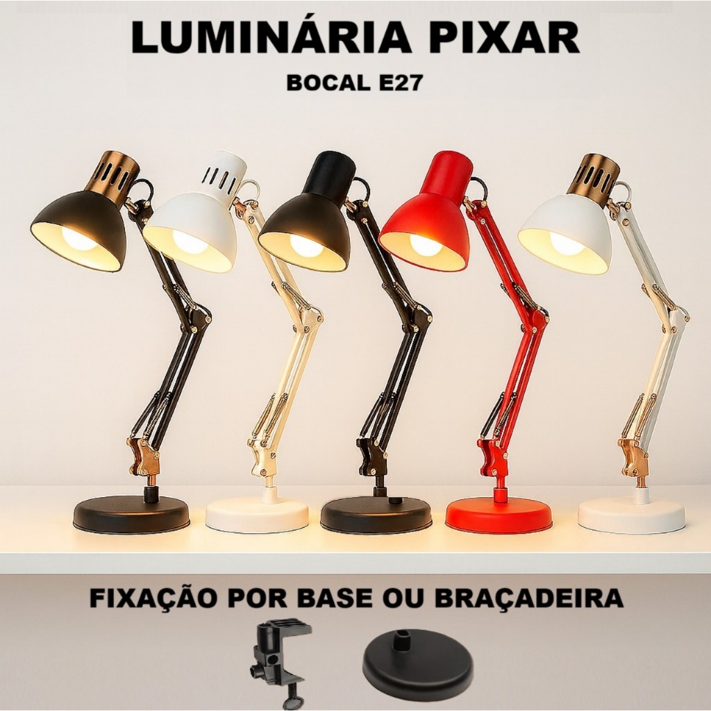 Luminária de Mesa Pixar Escritório Abajur Articulada Com Garra E Base Preto Branca 110v/220v em Oferta na Shopee