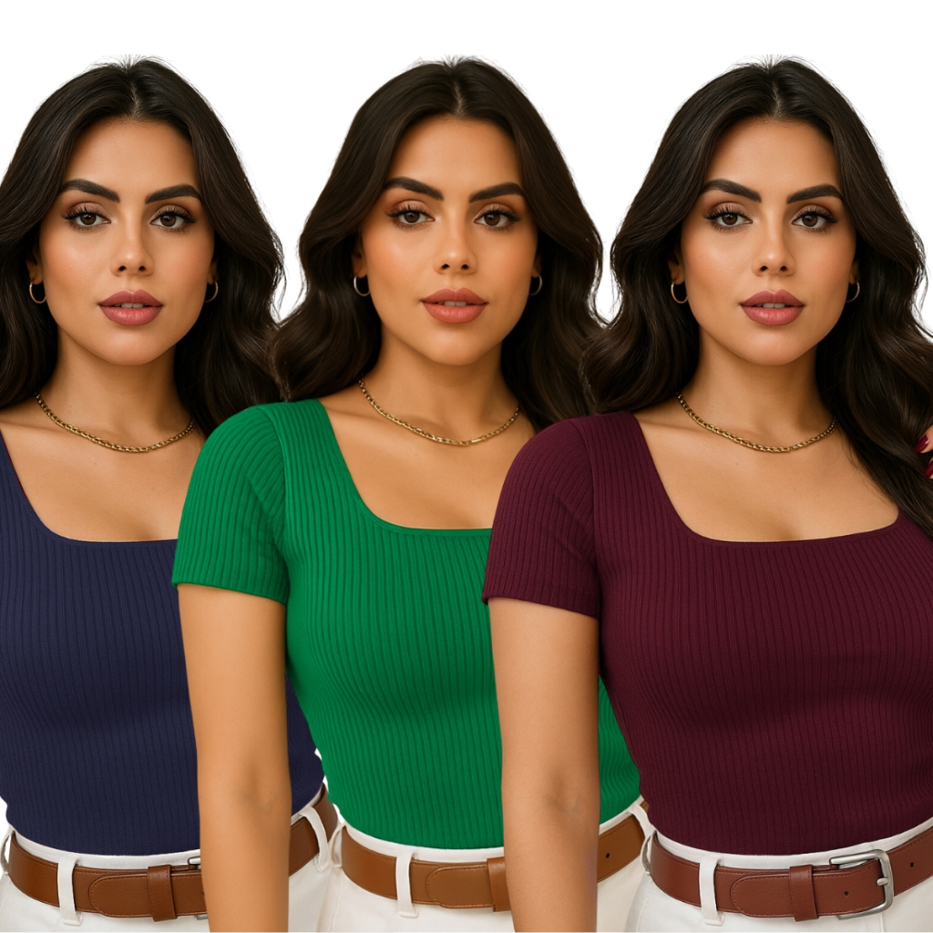 Kit C/ 3 Blusa Canelada Blusinha Bloquinho Carnaval Feminina Decote Quadrad Básica Tendência Manga Curta Plus Size