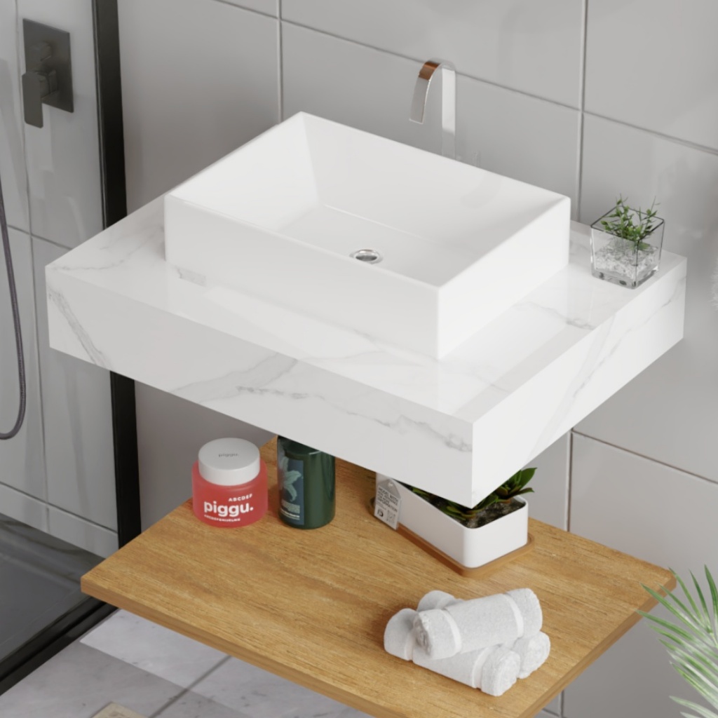 Pia de Banheiro Porcelanato Com Cuba Apoio + Kit de Instalação Lavabo Suspenso