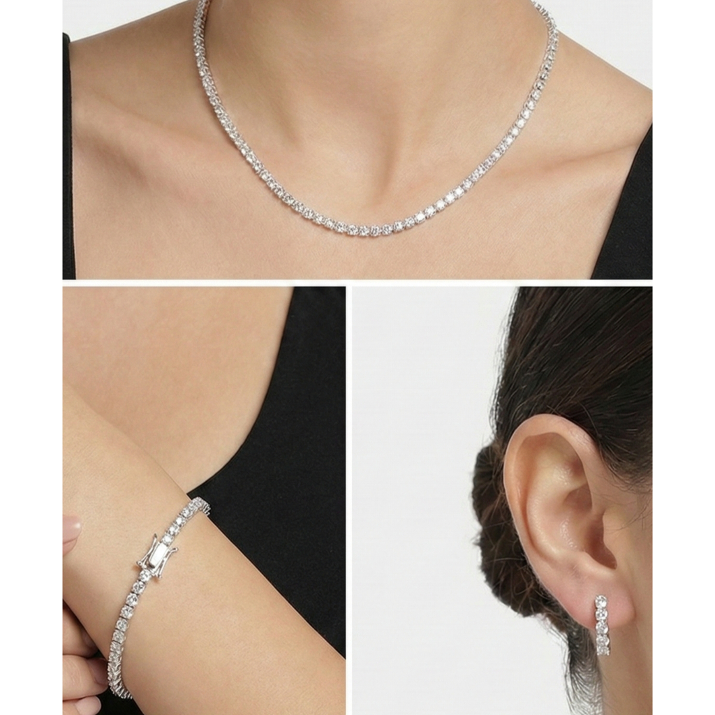 CONJUNTO COLAR PULSEIRA E BRINCO PEDRARIA FIO A FIO DE ZIRCONICA STRASS FINO DELICADO PRATA OU DOURADO em Oferta na Shopee