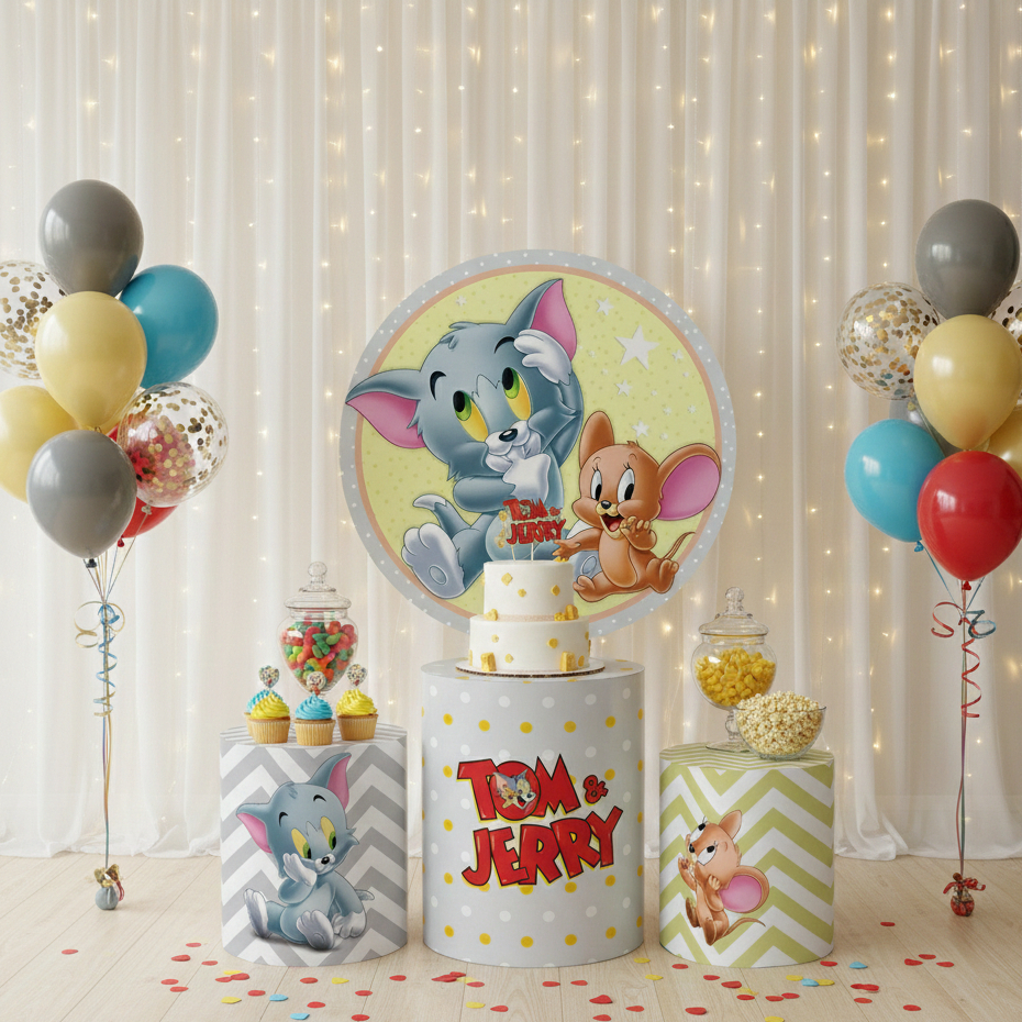 Kit Festa Capas + Painel e Cilindros Decoração Veste Fácil Tema T0m e J3rry Cute Baby Aniversário Infantil