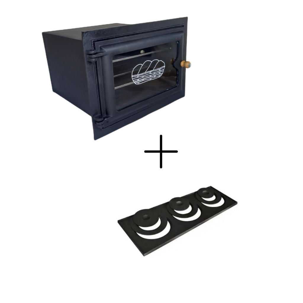Kit Forno Embutir p/ Fogão a Lenha c/ Vidro G + Chapa 3 Furos 70X32X28