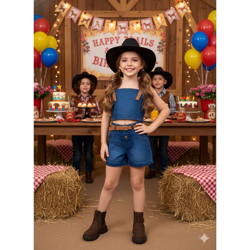 Conjunto Infantil Blogueirinha Jeans Rayssa Cropped+Short+Cinto Boiadeira Country