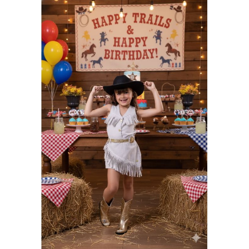 Conjunto Infantil Boiadeira Ana Castela Luxo Bege Jeans C/Franjas Colete Saia Cinto Boiadeira