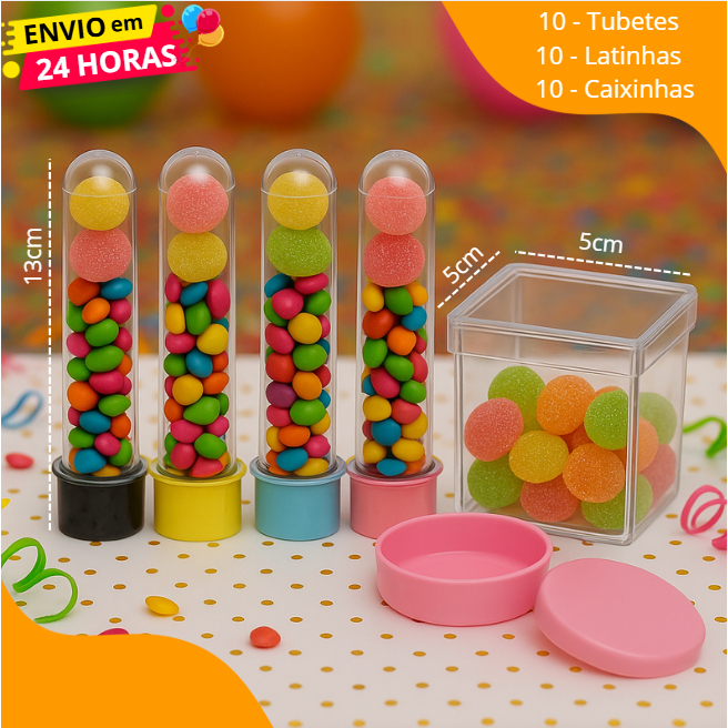 Kit Festa 30 Itens Lembrancinha Decoração - 10 Caixinhas 5X5 - 10 Latinhas 5x1 - 10 Tubetes 13cm