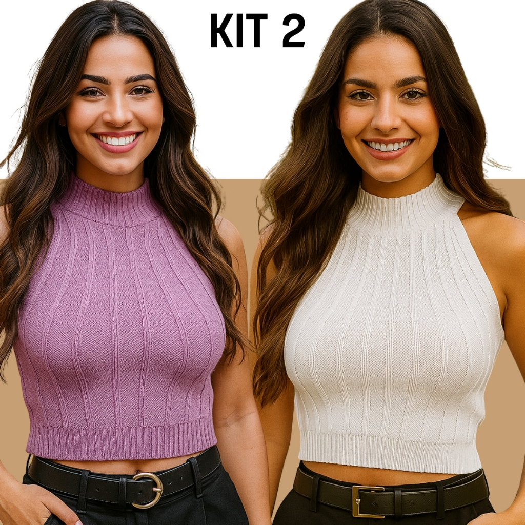 Kit 2 Cropped Tricot Modal Gola Alta Alto Relevo Canelado Tendência Moda Gringa Feminino