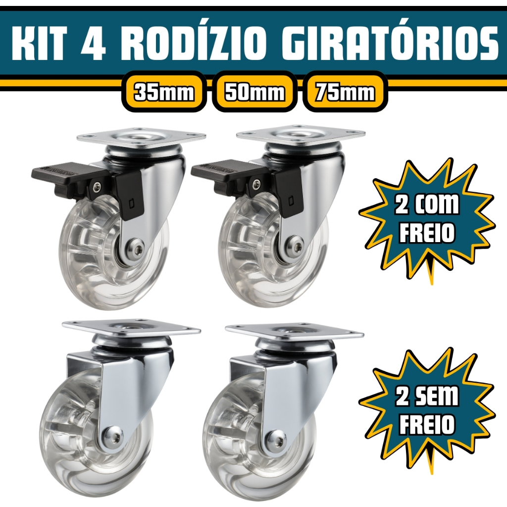 Kit 4 Rodízios Giratórios Silicone Gel 2 com Trava 2 sem Trava Tamanhos 35mm 50mm e 75mm
