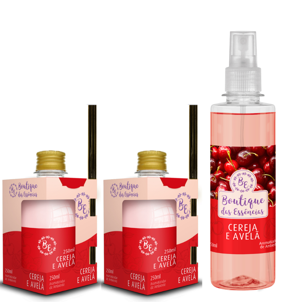 KIT CHEIRINHO CEREJA E AVELÃ - 2 Difusores 250ml com varetas + 1 Spray 250ml