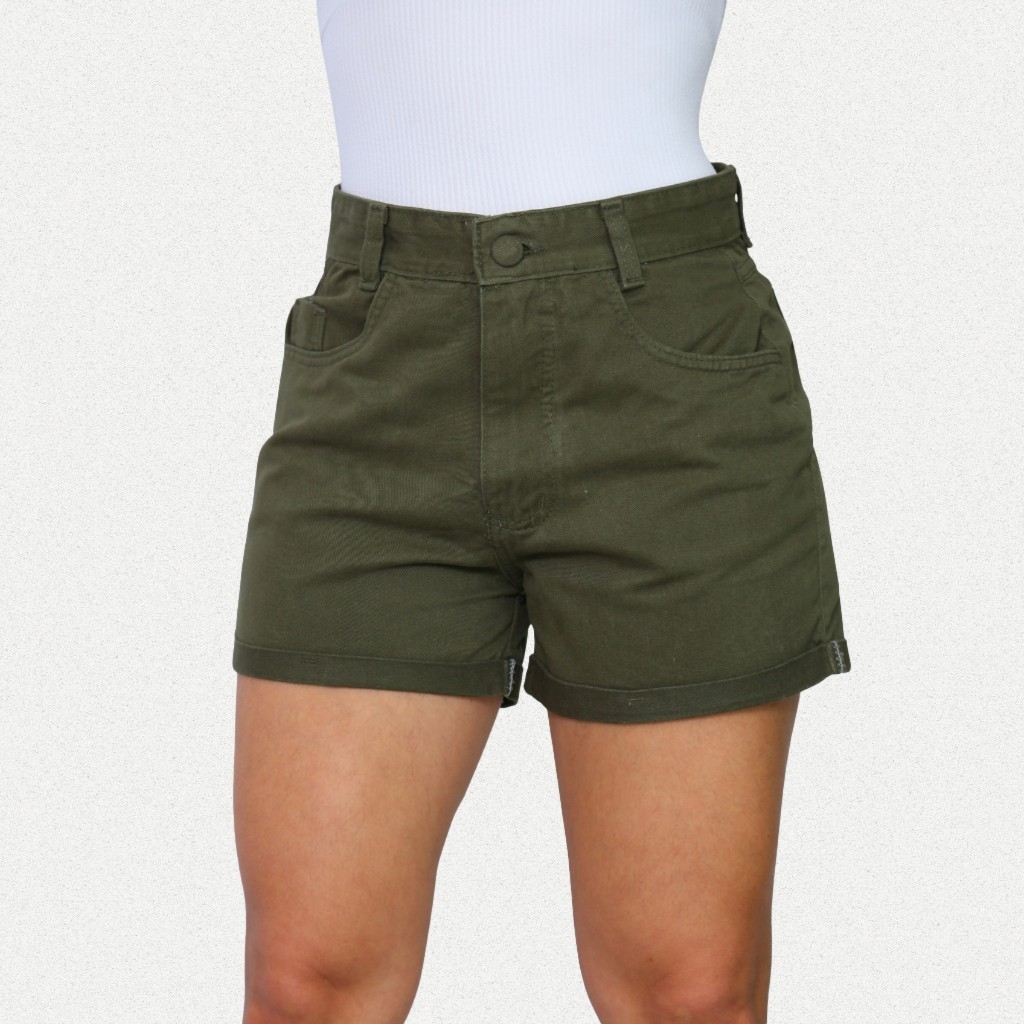 Short Tradicional Sarja Feminino Verde Militar Confortável Versátil Estilo Urbano Casual Moderno