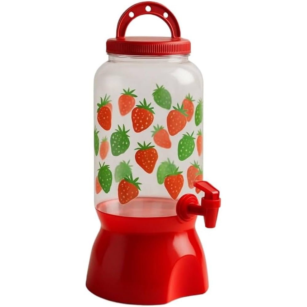 SUQUEIRA DE PLASTICO DECORADA MORANGO 3,6 L COM SUPORTE E TORNEIRA