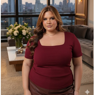 Blusa Plus Size Feminina Manga Curta Confortável Tecido Ribana Premium Verão Gola Quadrada Estilosa Elegante em Oferta na Shopee