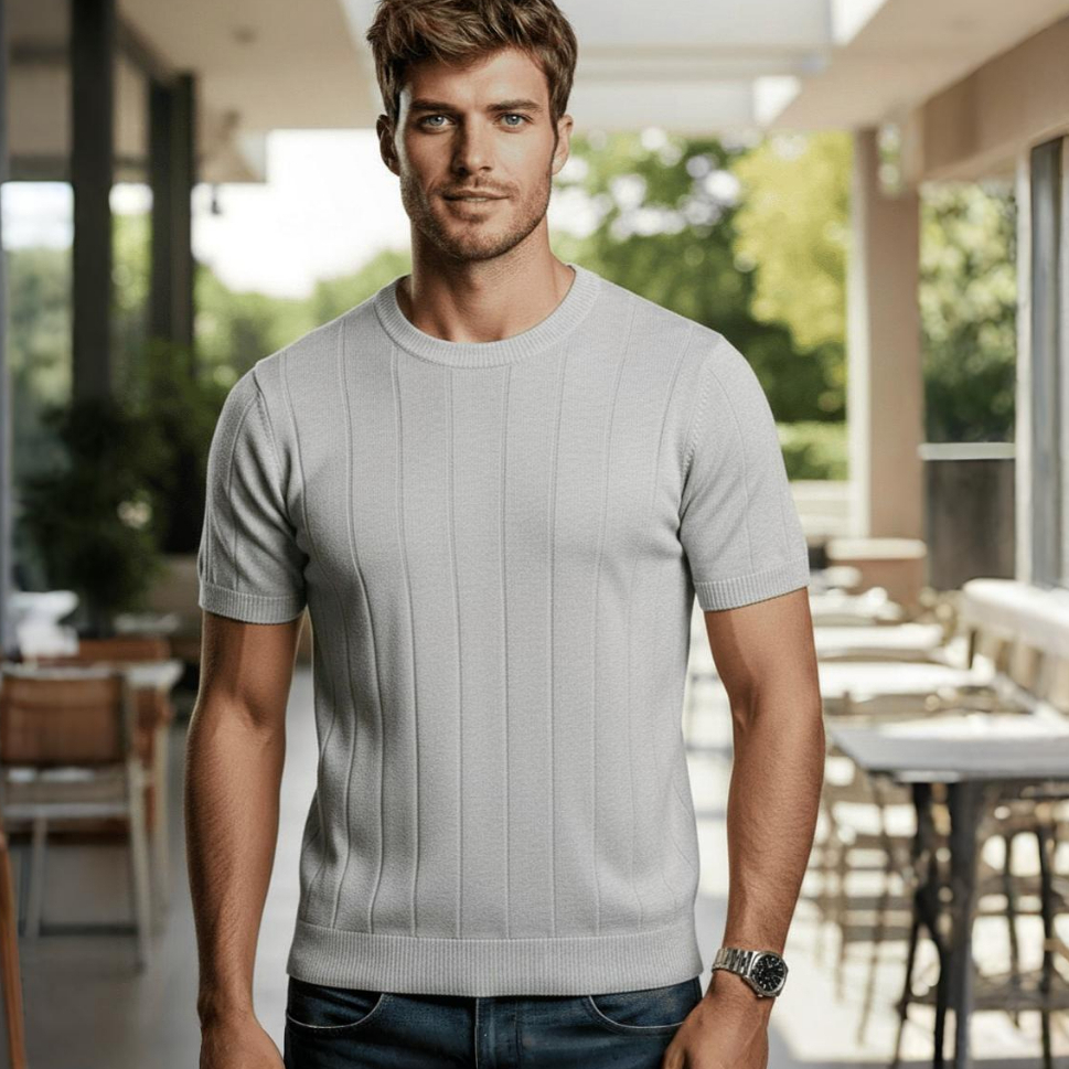 Camisa Slim Masculina Malha Canelada Tipo Algodão Linho Gola Redonda Tricot em Oferta na Shopee