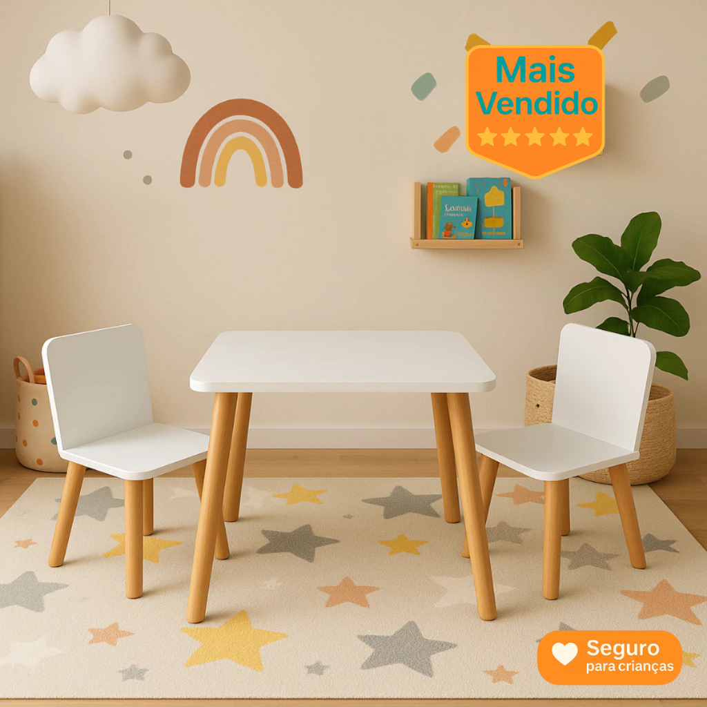 Mesa Infantil com 2 Cadeiras em MDF 60x60 Ideal para Atividades, Estudos e Brincadeiras Mó...