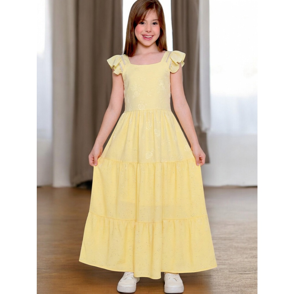 Vestido Longo Juvenil em Tecido Duna com Brilhos Festa Casual Meninas Natal Ano Novo