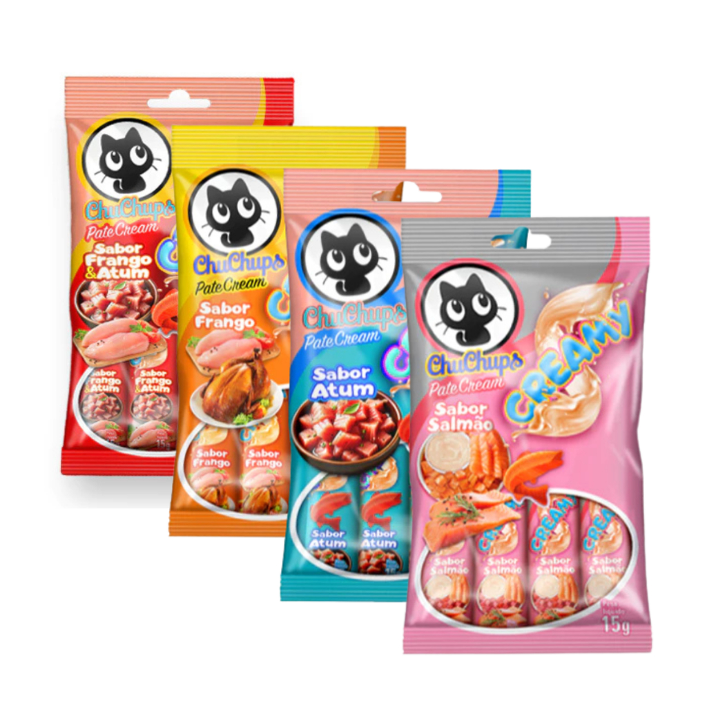 ChuChups Petisco Gatos Pate Cream Pacote com 4 Tubos de 15g Sabores Salmão Frango Atum Original em Oferta na Shopee