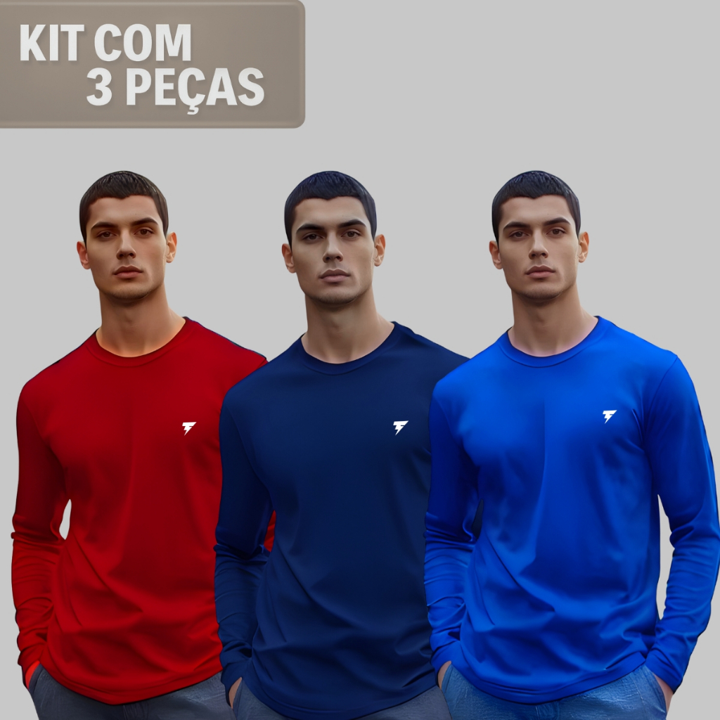KIT 3 Camisa Masculina Manga Longa Proteção UV50+ Segunda Pele P M G GG