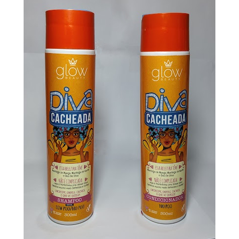 Kit Shampoo e Condicionador Diva Cacheada Glow Beauty 300ml – Low Poo Now Poo Manteiga de Manga Karité Oliva Vegano