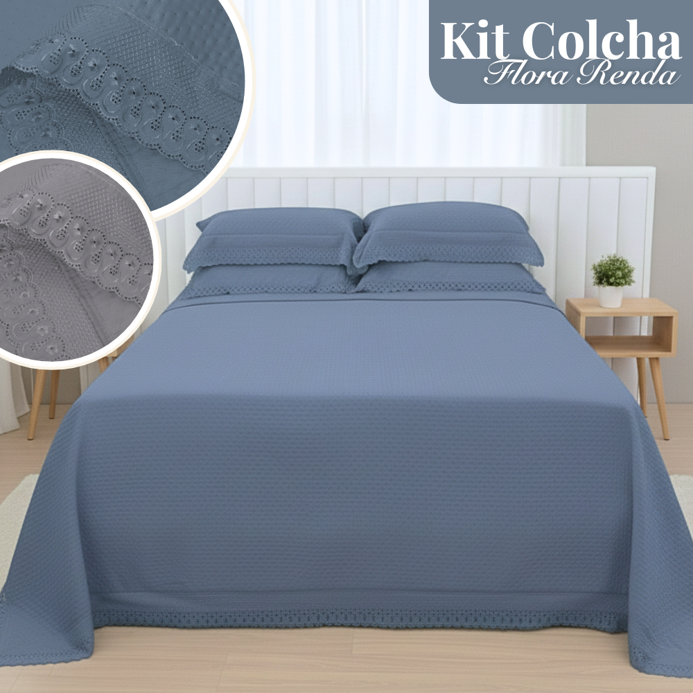 Kit Colcha Cobre Leito King 3 Peças Flora Renda Delicado Várias Cores Toque Macio Habitat