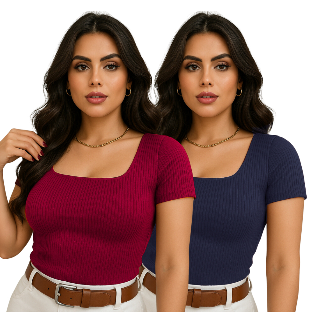Kit 2 Blusinhas Canelada Blusa Feminina Decote Quadrado Mang Curt Trabalho Básica Carnaval Bloquinho